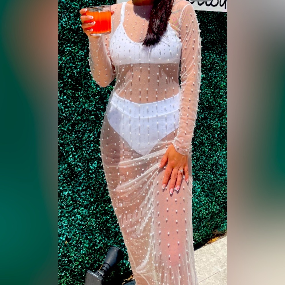 Sheer Embellished White Maxi Dress